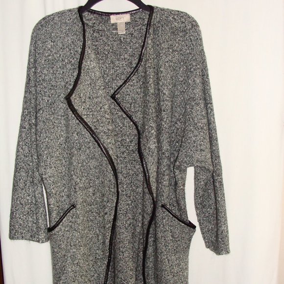 ANN TAYLOR LOFT Gray Marled Faux LEATHER Trim SWEATER JACKET Cardigan Sz XS/S - Picture 1 of 7